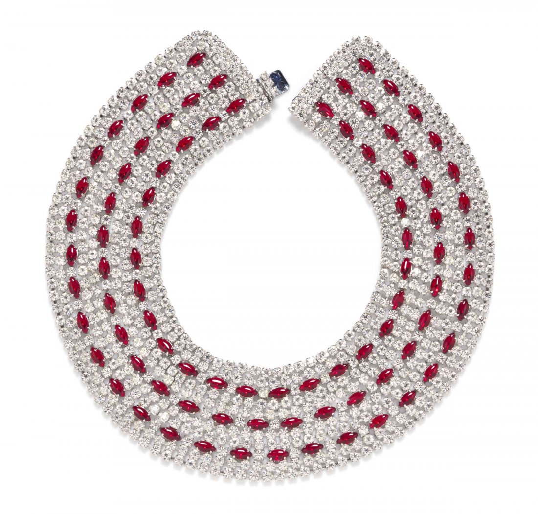 A Hattie Carnegie Rhinestone Collar Necklace,: A Hattie Carnegie Rhinestone Collar Necklace, with alternating faux rubies. Stamped: Hattie Carnegie.