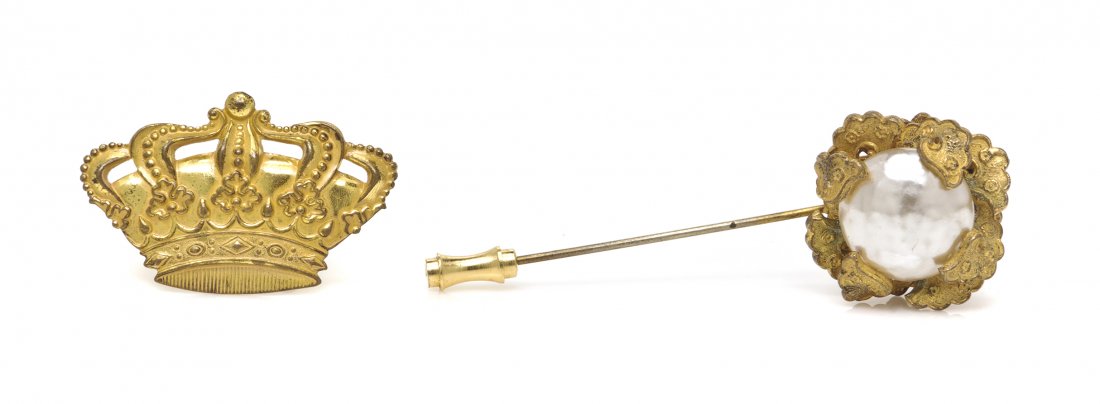 A Pair of Miriam Haskell Brooches,: A Pair of Miriam Haskell Brooches, comprised of a crown pin, together with a faux pearl flower pin. Stamped: Miriam Haskell.