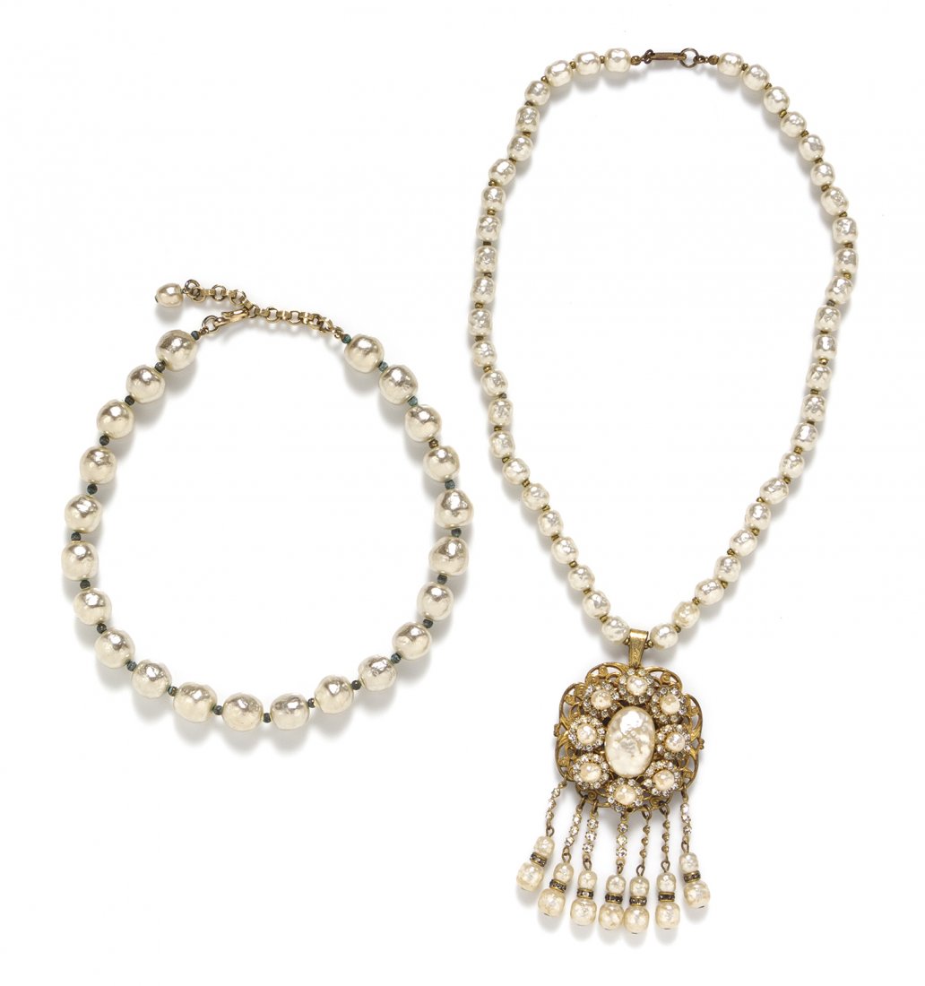 A Miriam Haskell Baroque Faux Pearl Pendant Necklace,: A Miriam Haskell Baroque Faux Pearl Pendant Necklace, together with a single strand baroque faux pearl unstamped necklace.