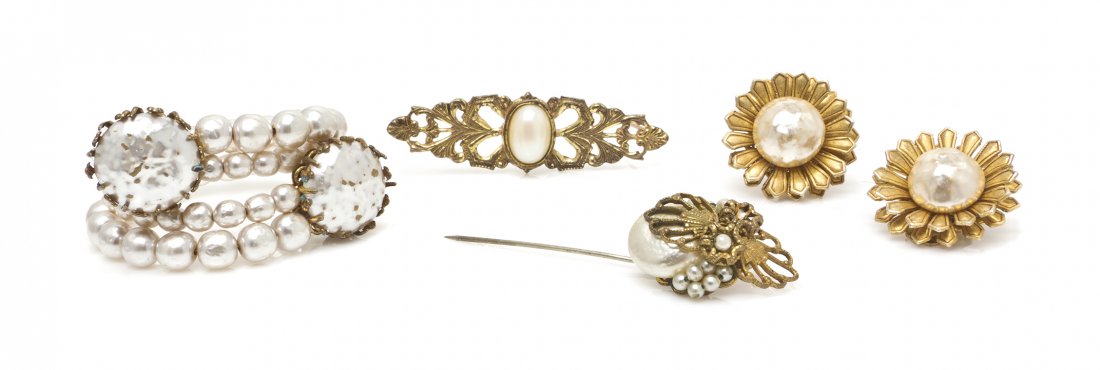 A Group of Miriam Haskell Faux Pearl Jewelry,: A Group of Miriam Haskell Faux Pearl Jewelry, comprised of a pair of earclips, two brooches, and a wrap bracelet. All stamped: Miriam Haskell.