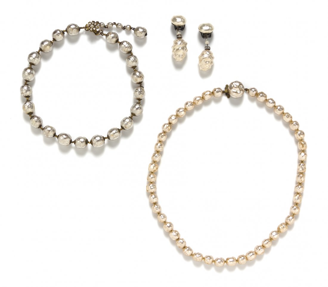 A Miriam Haskell Faux Baroque Pearl Necklace,: A Miriam Haskell Faux Baroque Pearl Necklace, together with a faux baroque pearl necklace and a pair of faux baroque pearl earclips. One necklace stamped: Miriam Haskell.