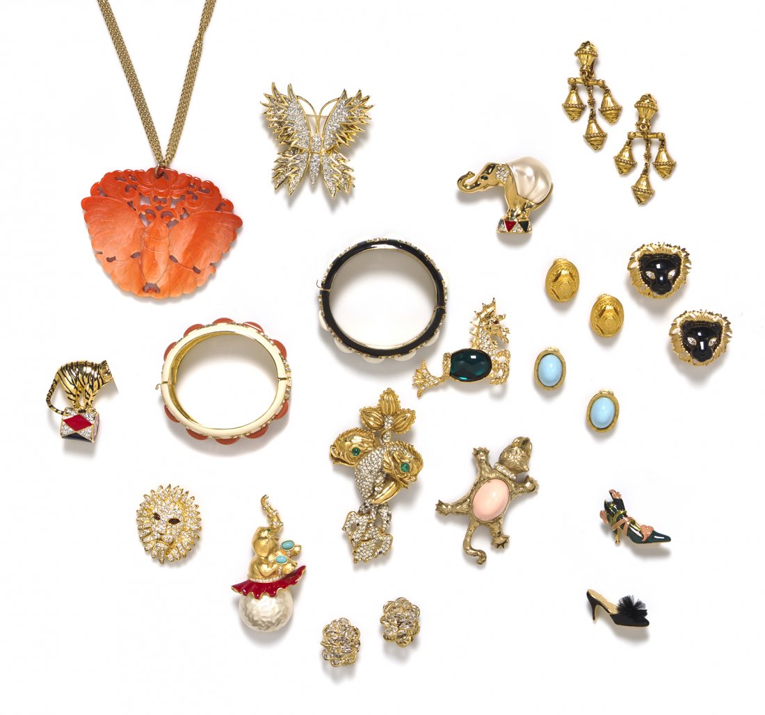 A Group of Kenneth Jay Lane Costume Jewelry,: A Group of Kenneth Jay Lane Costume Jewelry, comprised of 10 brooches, five pairs of earclips, two hinged bangle bracelets and a moth pendant necklace. All stamped. Property from an Important Collecto