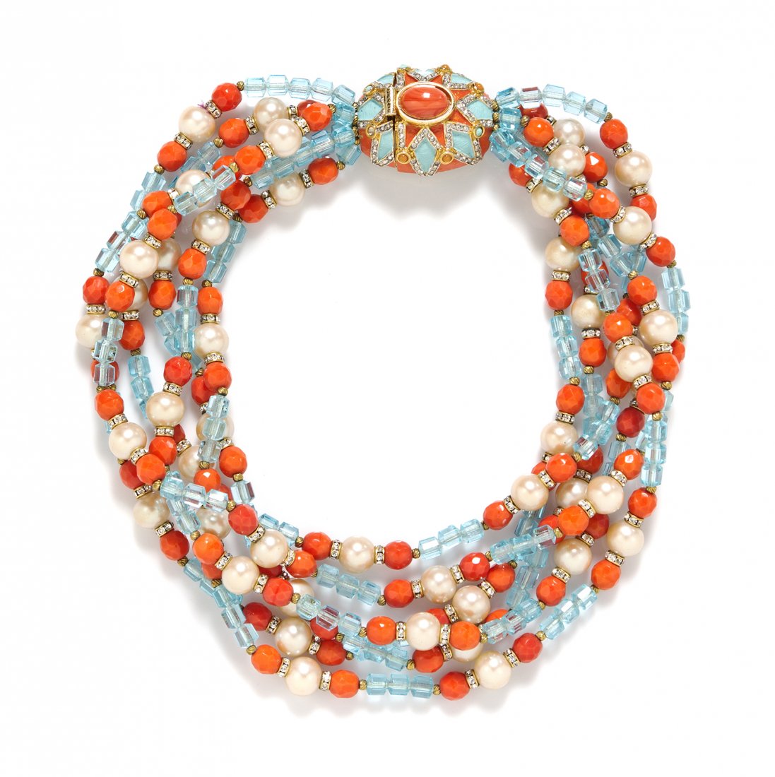 A Mimi Di N Blue and Faux Coral Beaded Necklace.: A Mimi Di N Blue and Faux Coral Beaded Necklace. Stamped: Mimi Di N.