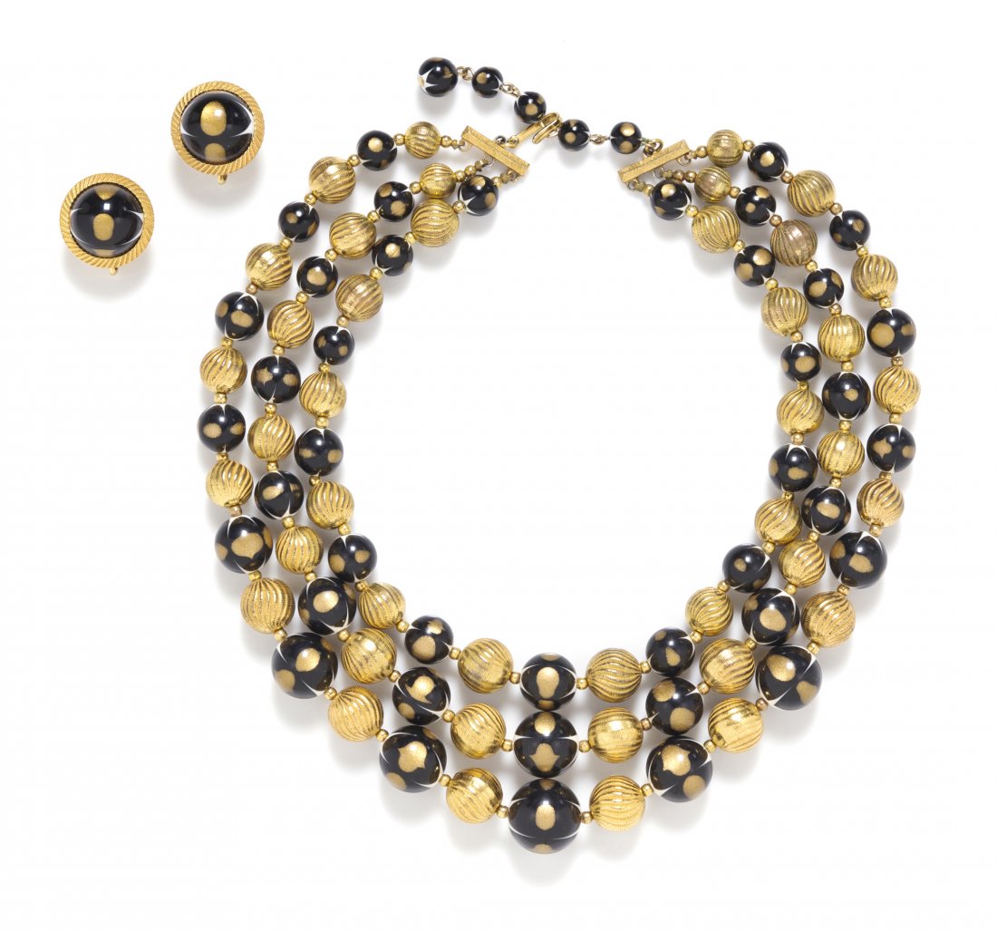 A Trifari Black and White Goldtone Necklace and: A Trifari Black and White Goldtone Necklace and Earclips Set, Stamped: Trifari.