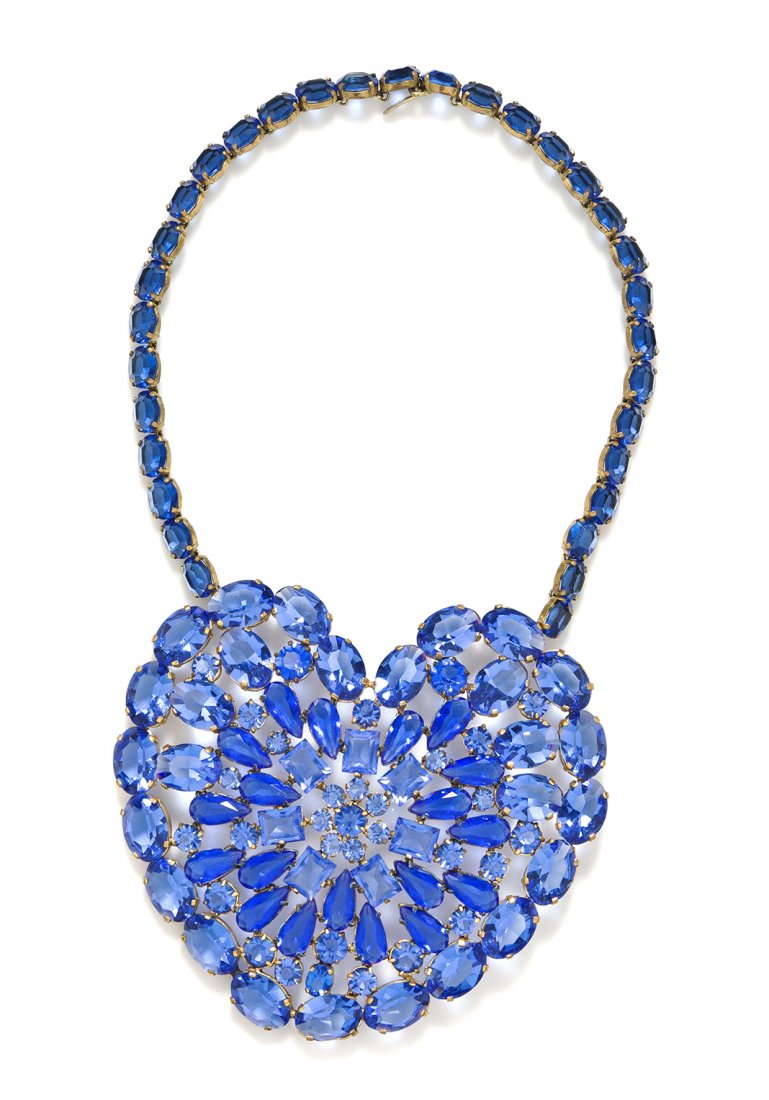 A Blue Crystal Heart Choker Necklace.: A Blue Crystal Heart Choker Necklace. Stamped: Made in France.