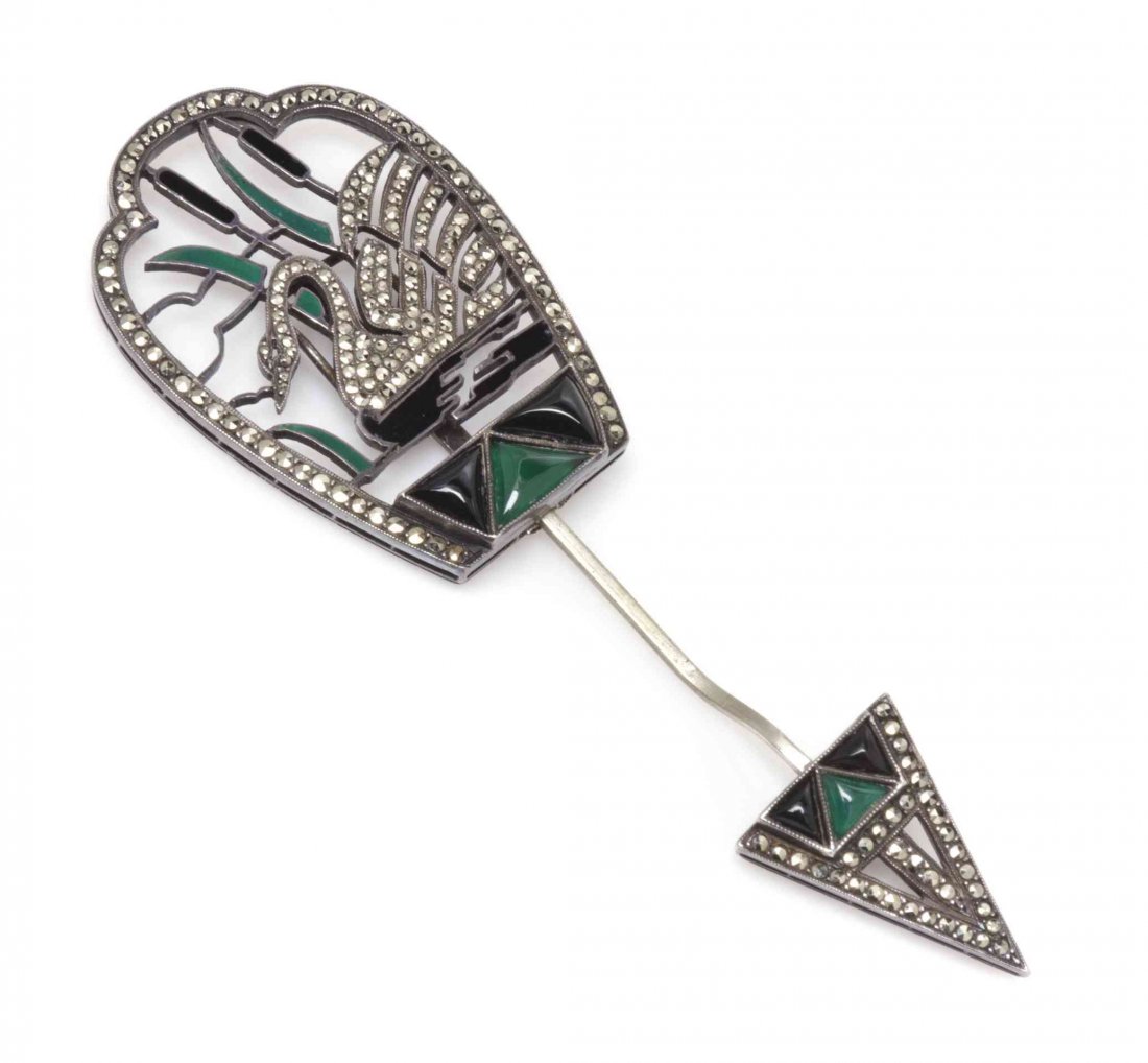 An Art Deco Onyx, Died Green Chalcedony and Hematite: An Art Deco Onyx, Died Green Chalcedony and Hematite Swan Brooch. 7.80 dwts.