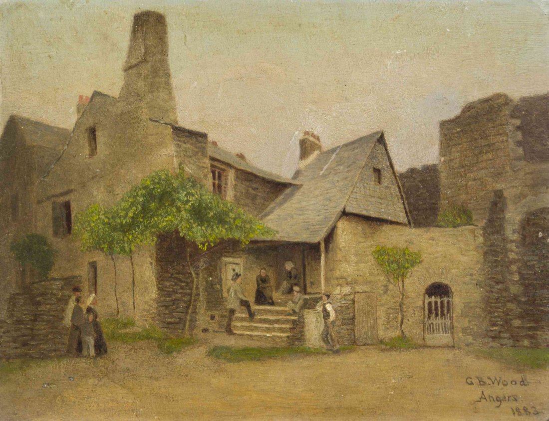 George Bacon Wood, (American, 1832-1910), Village: George Bacon Wood (American, 1832-1910) Village Scene, 1883 oil on board signed G. B. Wood and inscribed (lower right) 6 3/8 x 8 3/8 inches.