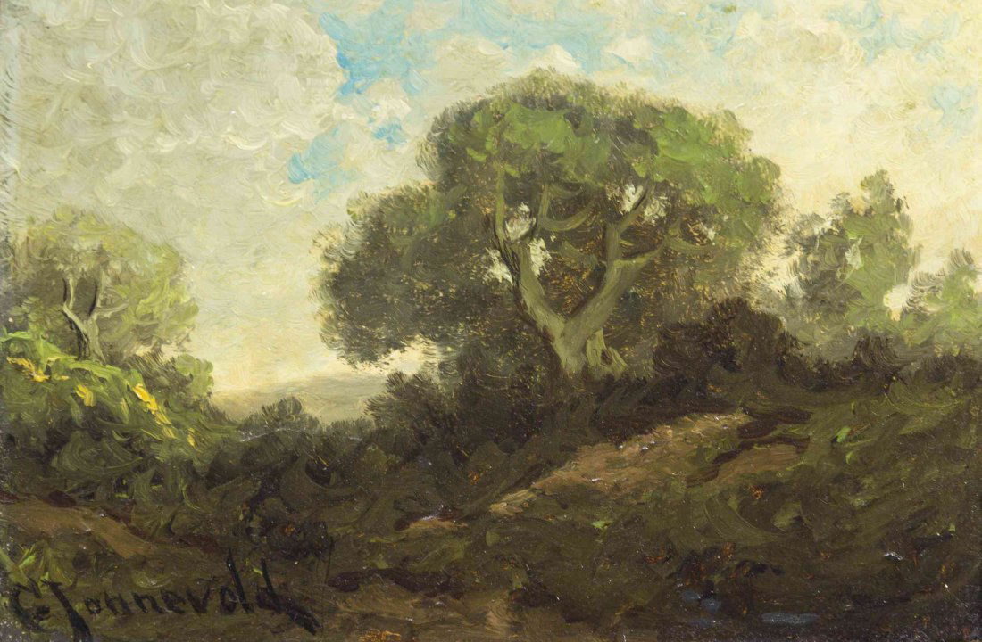 Carl Henrik Jonnevold, (American, 1856-1955), Cloudy: Carl Henrik Jonnevold (American, 1856-1955) Cloudy Day California oil on board signed C. Jonnevold (lower left) 5 x 6 3/4 inches. Property from the Alice Welsh Skilling and Raymond Sk