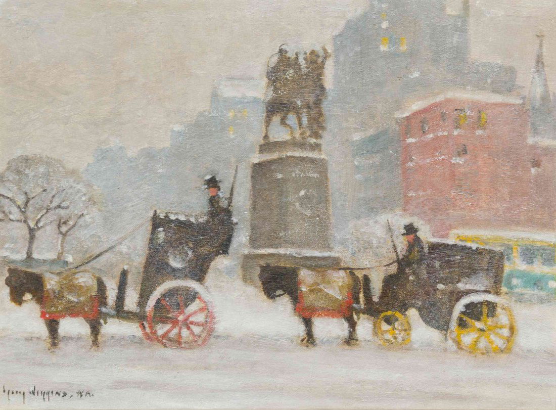Guy Carleton Wiggins, (American, 1883-1962), Winter's: Guy Carleton Wiggins (American, 1883-1962) Winter's Day at the Plaza, 1961 oil on canvasboard signed Guy Wiggins N.A. (lower left); signed, titled and dated (verso) 12 x 15 3/4 inches.
