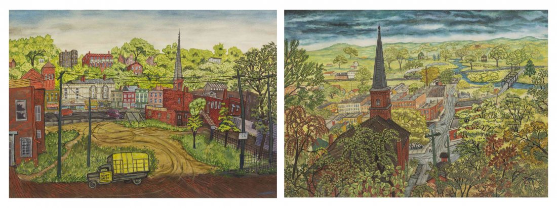 Ethel Spears, (American, 1903-1974), Kraft Cheese and: Ethel Spears (American, 1903-1974) Kraft Cheese and Grant Park (two works) watercolors each signed Ethel Spears (lower right) Each: 21 1/2 x 30 1/2 inches.