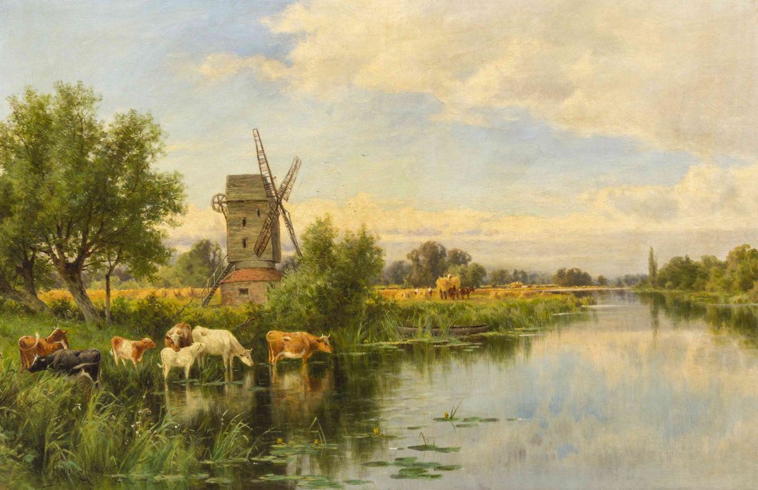 Henry H. Parker, (British, 1858-1930), Windmill and: Henry H. Parker (British, 1858-1930) Windmill and Cattle oil on canvas signed Henry H. Parker (lower left) 24 x 36 inches.