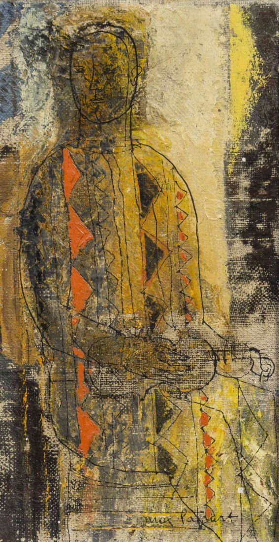 Max Papart, (French, 1911-1994), Untitled (Figure with: Max Papart (French, 1911-1994) Untitled (Figure with Guitar) oil on canvas signed Max Papart (lower right) 8 1/2 x 4 1/2 inches. Property from the Estate of Mr. and Mrs. David Weil, C