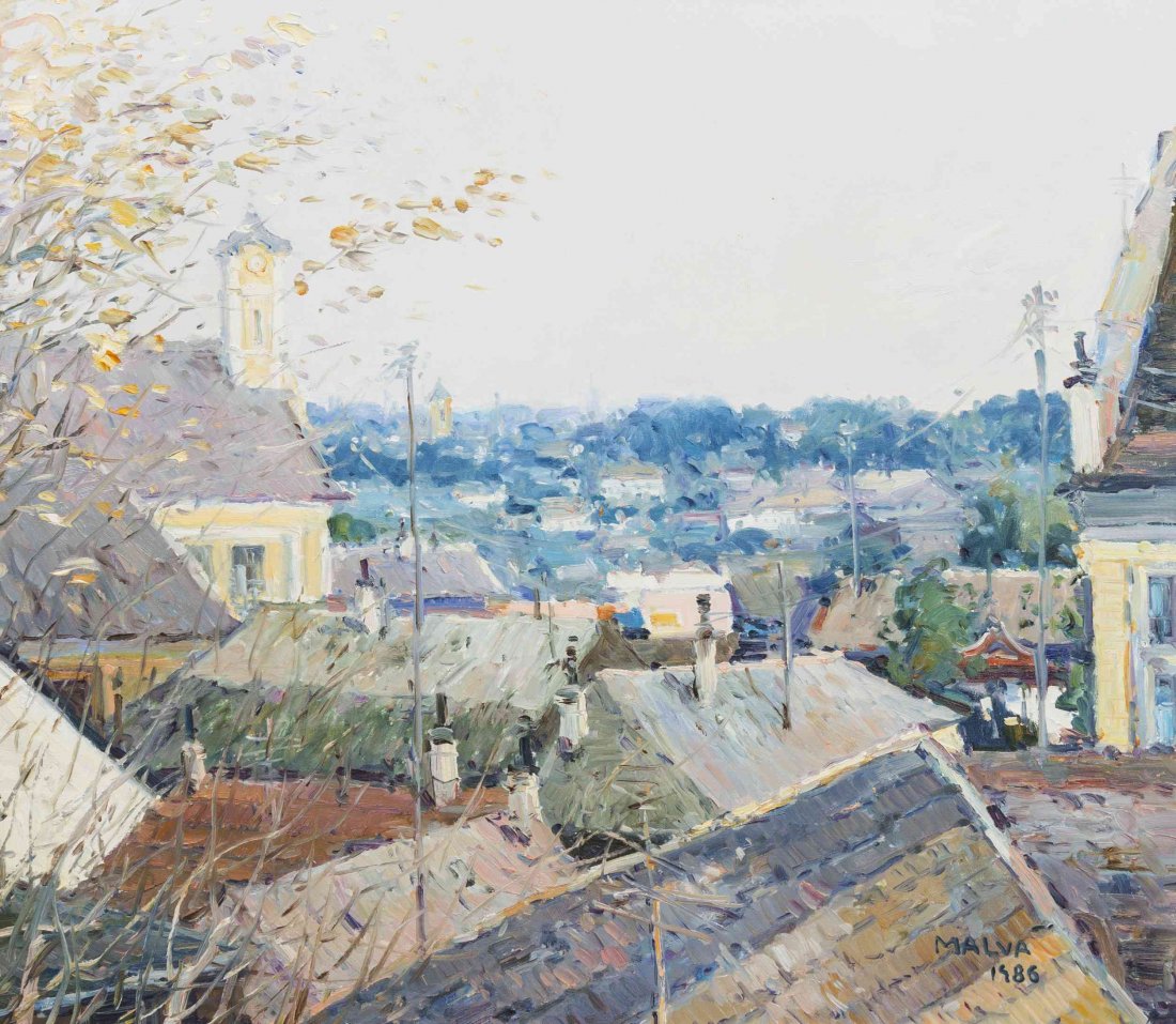 George Malva, (Syrian, b. 1951), Village Rooftops, 1986: George Malva (Syrian, b. 1951) Village Rooftops, 1986 oil on canvas signed Malva and dated (lower right) 27 x 31 inches.