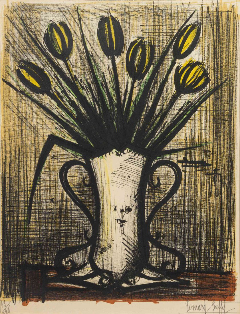 Bernard Buffet, (French, 1928-1999), Vase de tulipes,: Bernard Buffet (French, 1928-1999) Vase de tulipes, 1960 color lithograph edition 59/125, signed Bernard Buffet (lower right) 26 x 20 inches.
