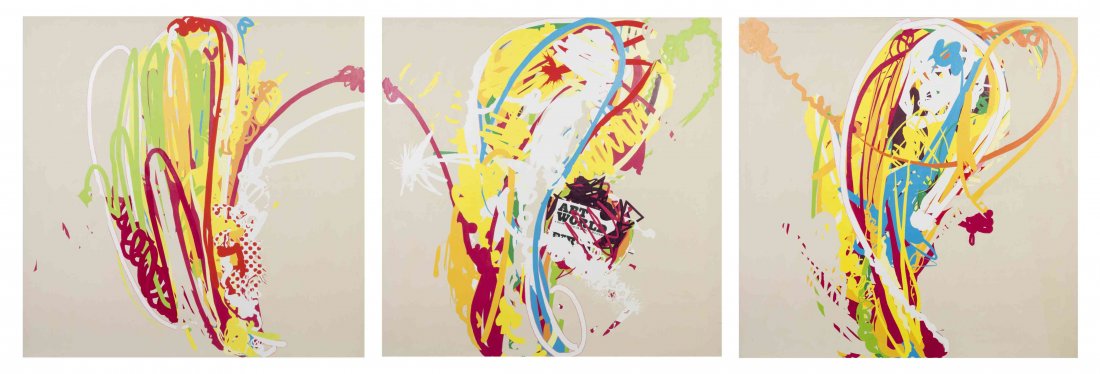 Andre Hemer, (20th/21st century), Art World (Hitting: Andre Hemer (20th/21st century) Art World (Hitting Las Vegas with a Two Inch Brush), 2007 (triptych) acrylic on canvas initialed A.H., titled and dated (verso) 75 x 225 inches. Proper