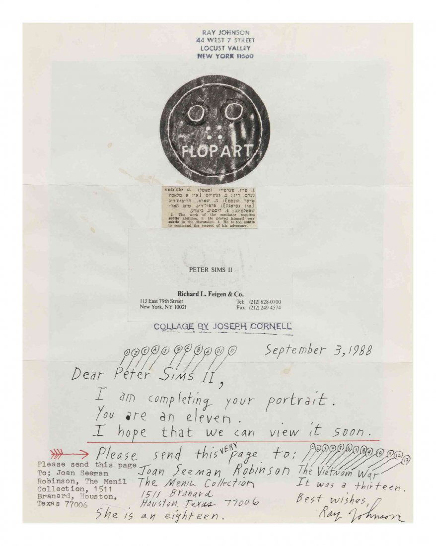 Ray Johnson, (American, 1927-1995), Peter Sims II ,: Ray Johnson (American, 1927-1995) Peter Sims II , 1988 mixed media with collage on letter signed Ray Johnson (lower right) 11 x 8 1/2 inches. A Private Midwestern Collection