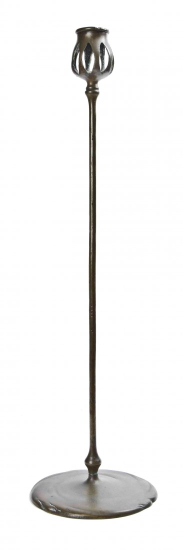 An Arts and Crafts Bronze Candlestick, Height 20 1/2: An Arts and Crafts Bronze Candlestick, unmarked, likely Tiffany Studios, similar to model 1213, openwork nozzle, lacking glass. Height 20 1/2 inches. Property from an Important Private Collection, Pal