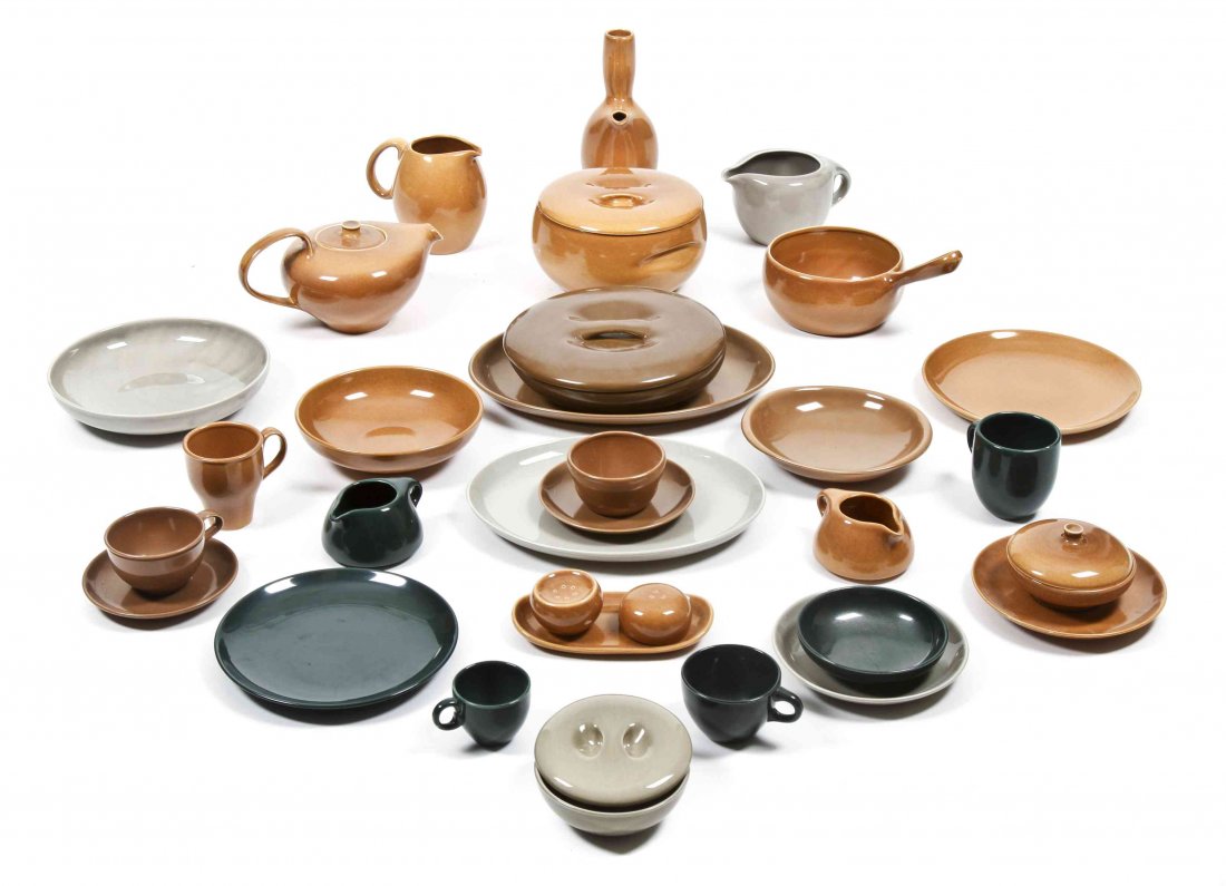 A Large Collection of Russel Wright Iroquois" Casual: A Large Collection of Russel Wright "Iroquois" Casual China Dinnerware, in Parsley, Oyster, Canteloupe, Ripe Apricot, and Nutmeg glazes, comprising 12 dinner plates, 10 lunch plates, 18 side plates, 6