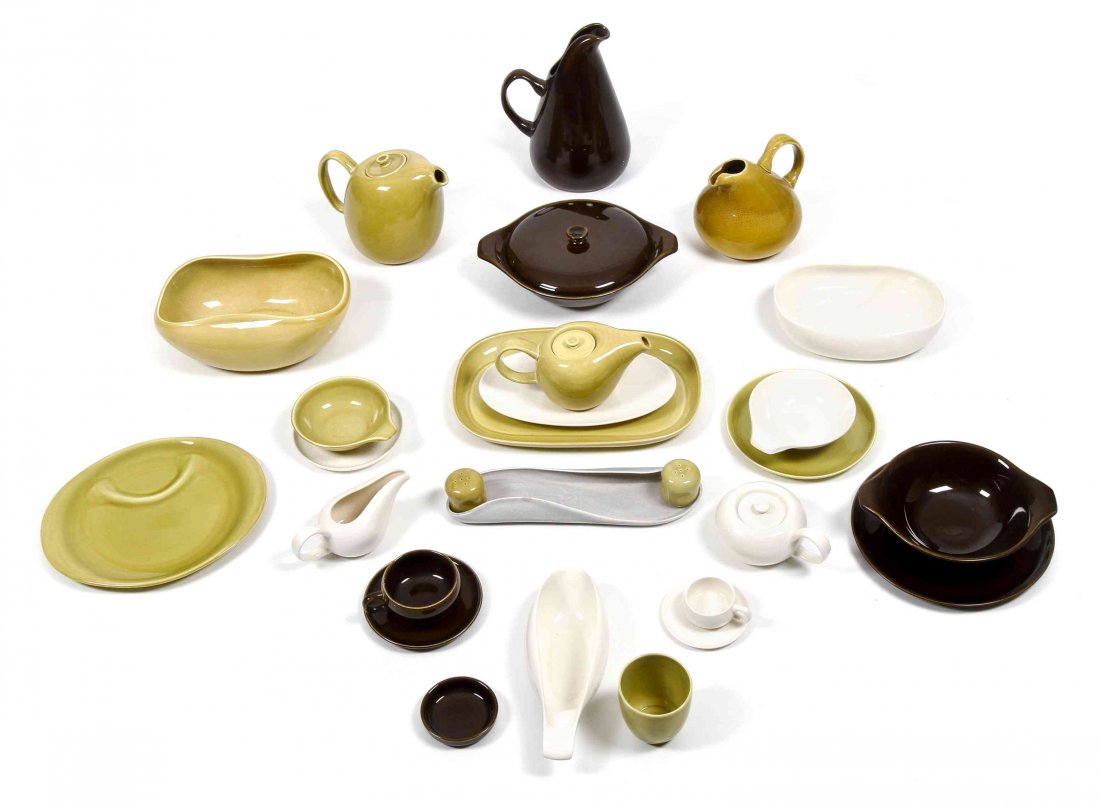 A Large Collection of Russel Wright American Modern": A Large Collection of Russel Wright "American Modern" Dinnerware, Steubenville, in Chartreuse, Black Chutney, and cream glazes, comprising 12 dinner plates, 12 lunch plates, 12 soup bowls, 10 teacups