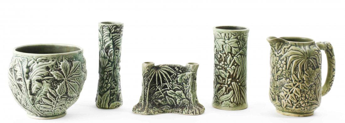 A Group of Five Weller Marvo Pottery Table Articles,: A Group of Five Weller Marvo Pottery Table Articles, with matte green glaze, molded with leaves, comprising two cylinder vases, one with impressed mark, the other with blue printed mark, together with