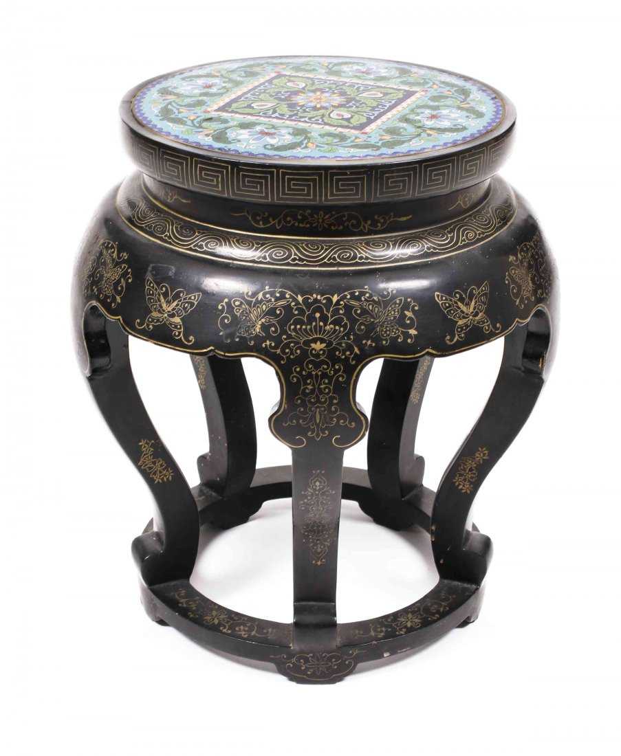 A Chinese Cloisonne and Papier Mache Garden Stool,: A Chinese Cloisonne and Papier Mache Garden Stool, 20th century, the round cloisonne top set into black-finished papier mache base with ogee frieze and five scrolled legs. Height 19 inches.