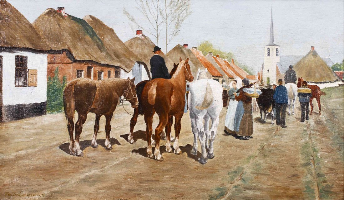 Frans van Leemputten, (Belgian, 1850-1914), Horses in a: Frans van Leemputten (Belgian, 1850-1914) Horses in a Village oil on canvas signed Fr. Van Leemputten (lower left) 12 1/2 x 21 3/8 inches.