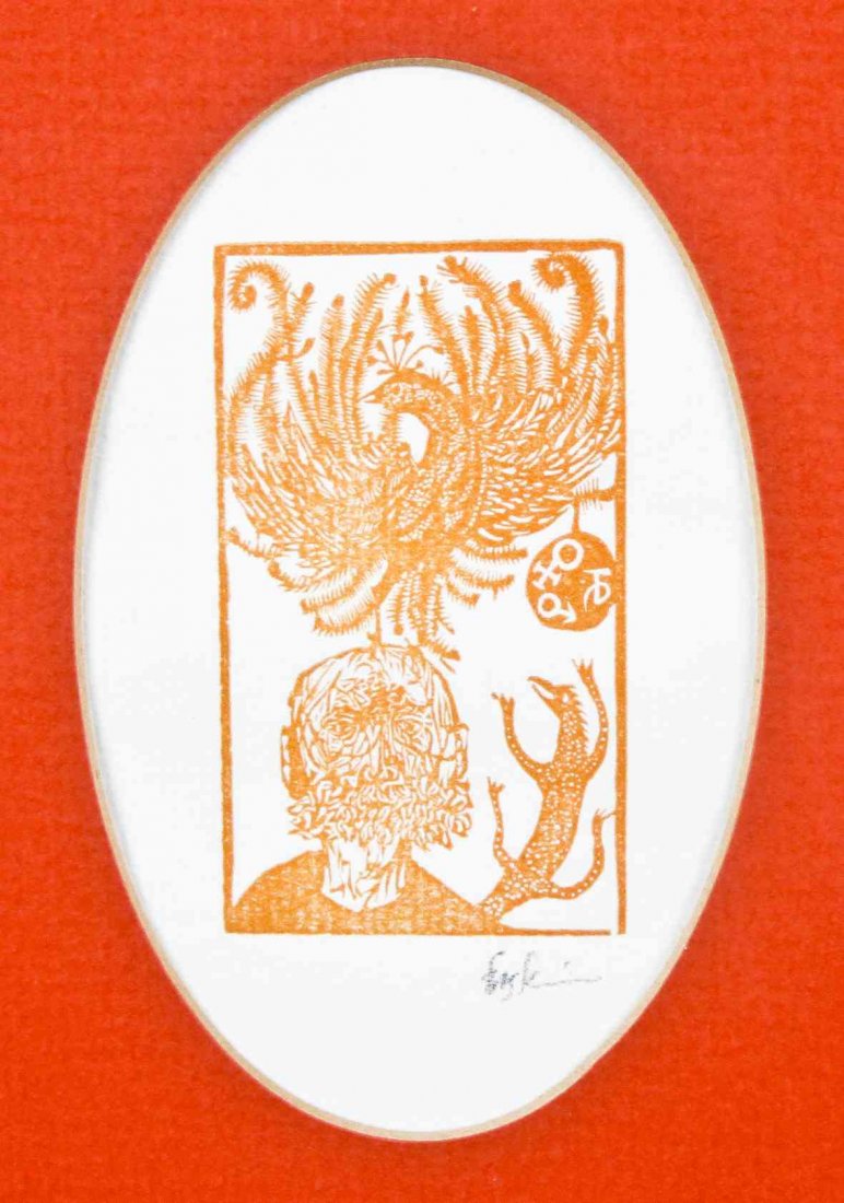 Leonard Baskin, (American, 1922-2000), Thomas Eakins, e: Leonard Baskin (American, 1922-2000) Thomas Eakins, edition VII/C, and Untitled, Image of a Phoenix Bird (two works) prints each signed Baskin Larger 2 1/2 x 1 1/2 inches.