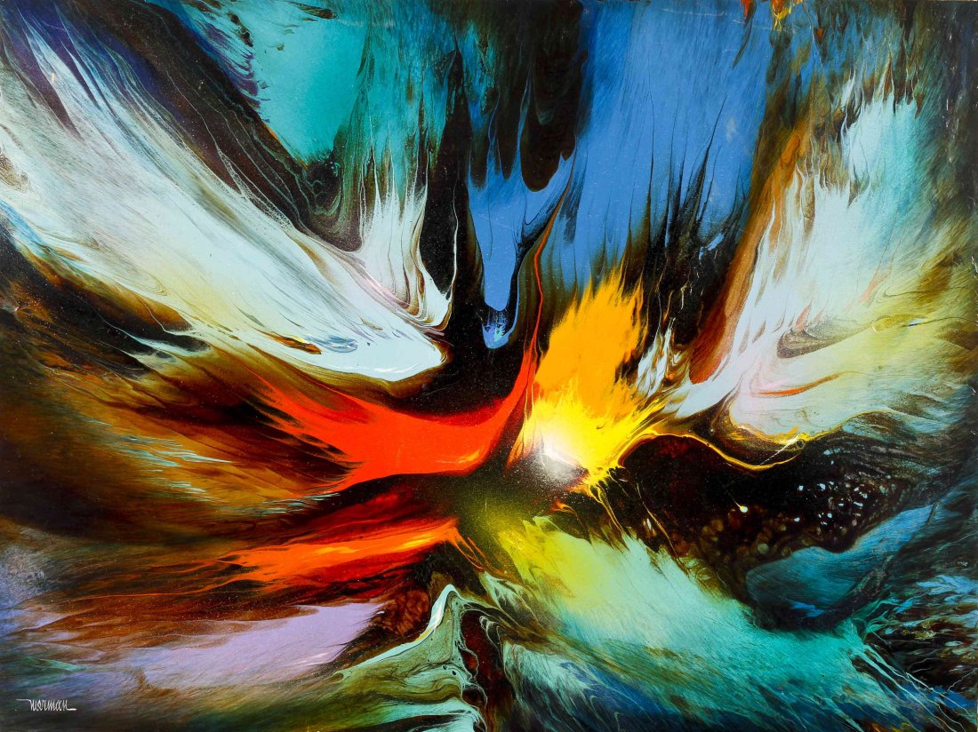 Leonardo Nierman, (Mexican, b. 1932), Genesis: Leonardo Nierman (Mexican, b. 1932) Genesis oil on masonite signed Nierman (lower left) 23 5/8 x 31 1/2 inches. Property from a Private Collection, Naples, Florida