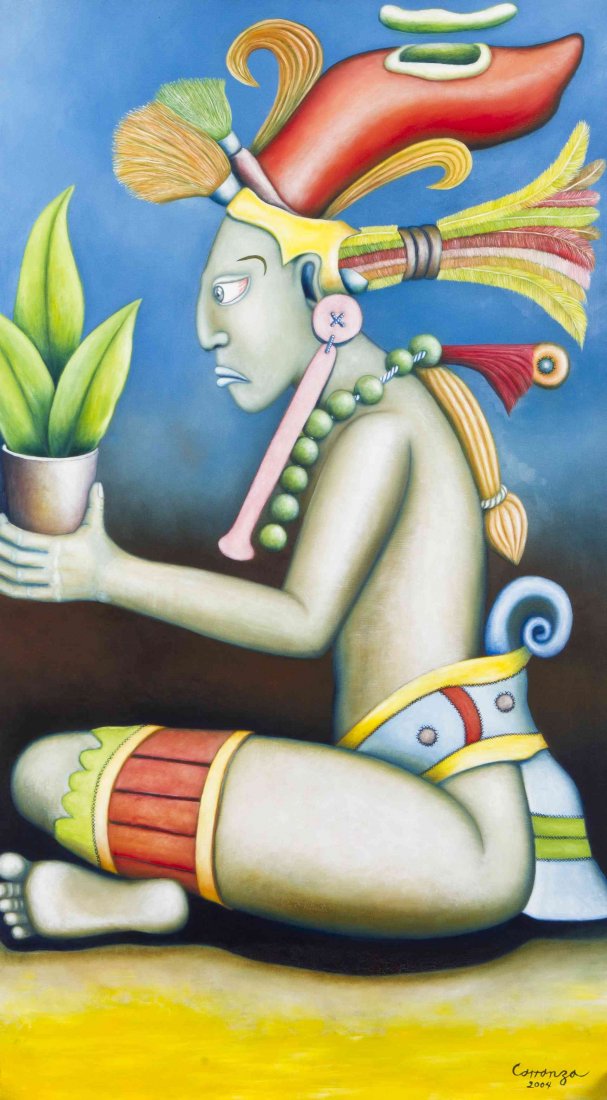 Carronza, (Mexican/South American, 20th century), Mayan: Carronza (Mexican/South American, 20th century) Mayan Medicine Man acrylic on masonite signed Carronza and dated (lower right) 49 1/4 x 27 1/2 inches. Property from The Hascoe Collect