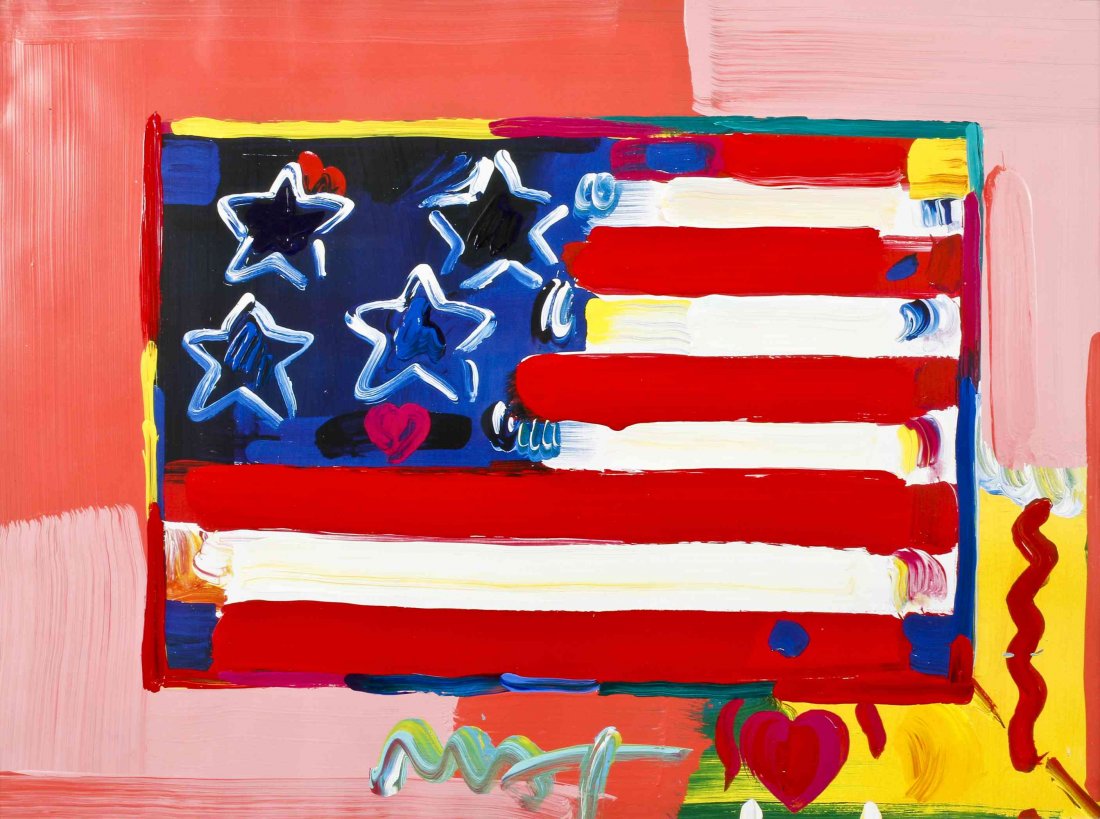 Peter Max, (American, b. 1937), Flag with Heart: Peter Max (American, b. 1937) Flag with Heart mixed media signed Max (lower right) 17 x 23 inches. Property from the Estate of Kenneth Palmer, Fort Ann, New York