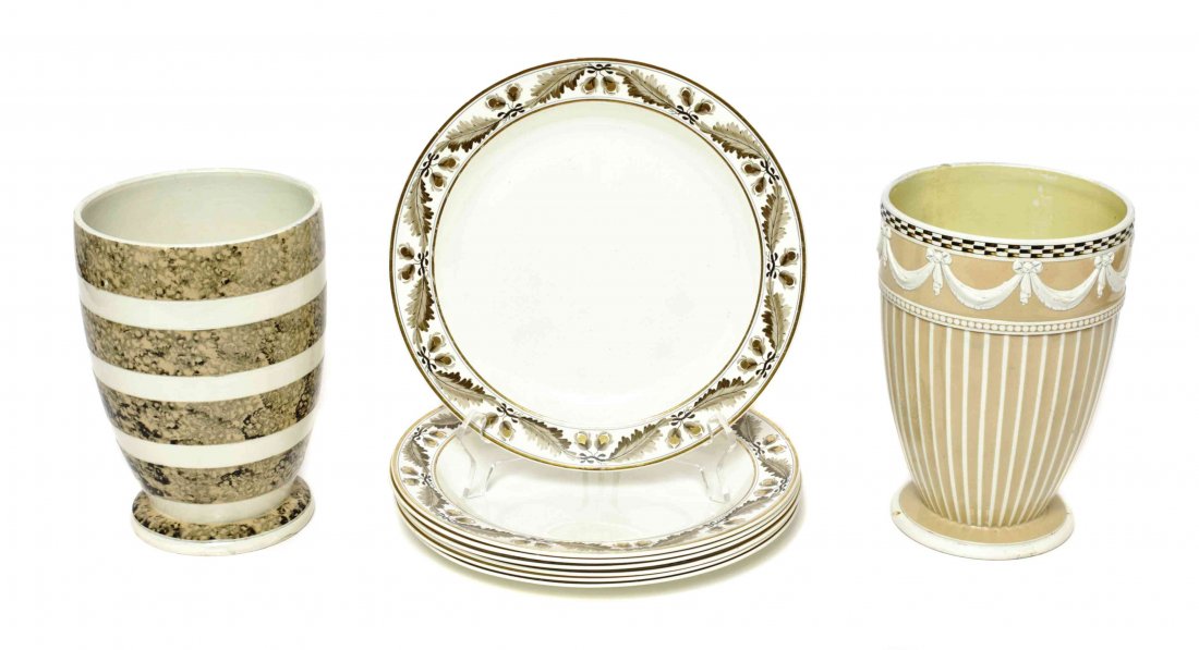 A Group of Wedgwood Table Articles, Height of first 8: A Group of Wedgwood Table Articles, comprising two engine-turned wine coolers and a set of seven gold and brown acorn-edged plates. Height of first 8 5/8 inches. Property from a Distinguished Private