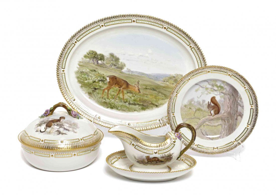 A Group of Royal Copenhagen Fauna Danica Articles,: A Group of Royal Copenhagen Fauna Danica Articles, comprising a gravy boat, a large platter, a covered vegetable dish, and eight dinner plates. Length of platter 18 1/2 inches. Property from a Disting