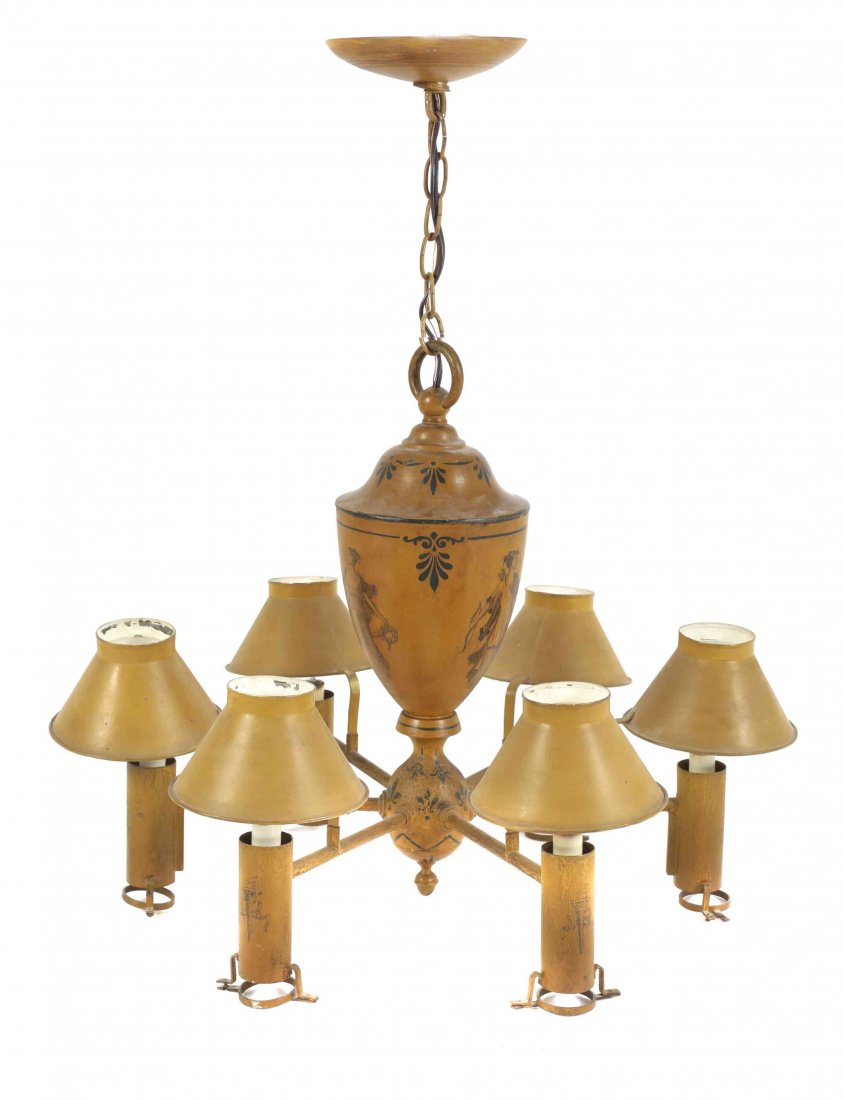 A French Six-Light Yellow-painted Tole Chandelier,: A French Six-Light Yellow-painted Tole Chandelier, with urn-form body decorated with ladies dancing, the candlearms with integral shades. Property of a Palm Beach Estate