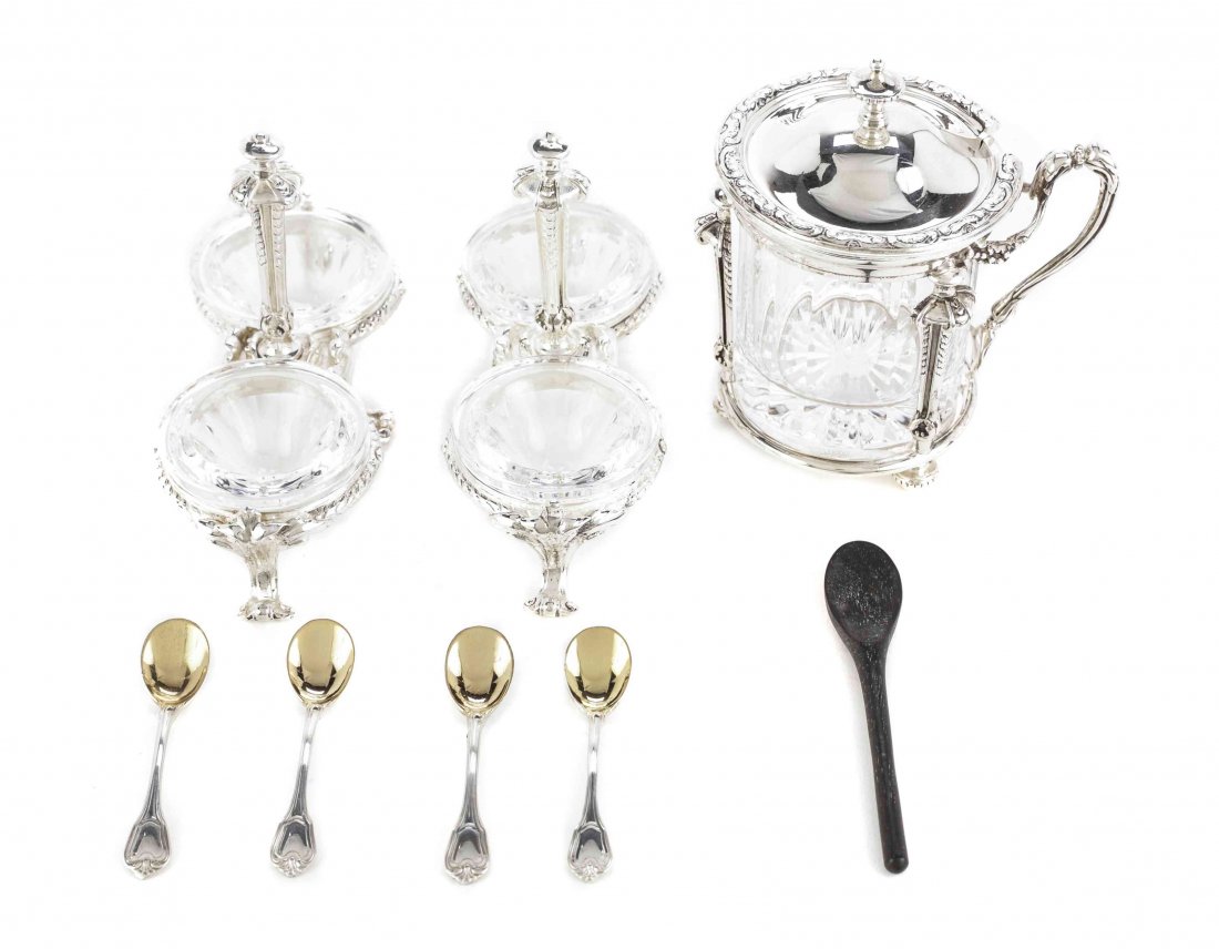 Three French Silver Condiment Sets, Christofle, Paris,: Three French Silver Condiment Sets, Christofle, Paris, Late 20th Century, Empire-style, comprising two open salt sets, and a covered mustard pot, with clear glass liners, together with four French sil