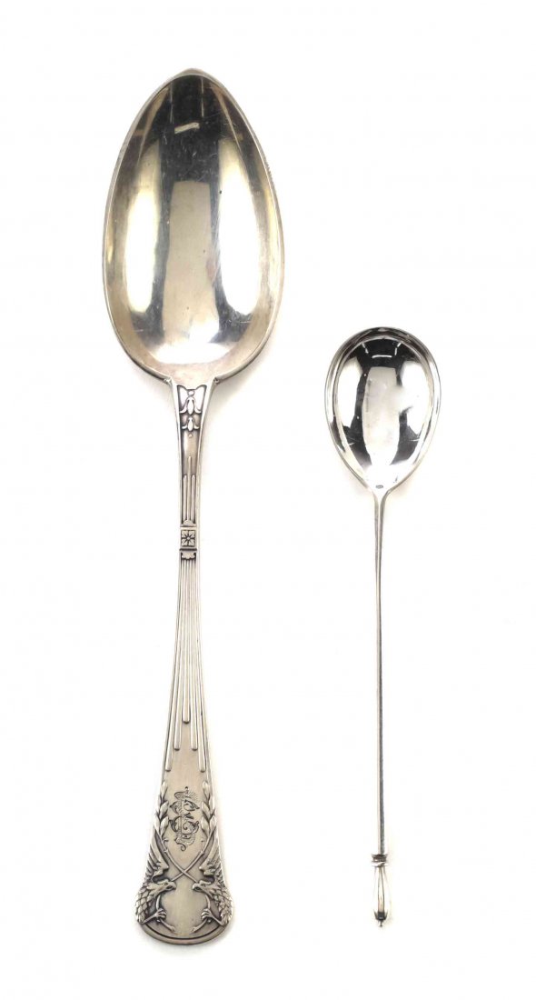 A Russian Silver Tablespoon, Mikail Grachev, St.: A Russian Silver Tablespoon, Mikail Grachev, St. Petersburg, 1907-26, stem with eagles and reeding, monogrammed; together with six coffee spoons, probably Russian, stamped with .875 fineness mark only