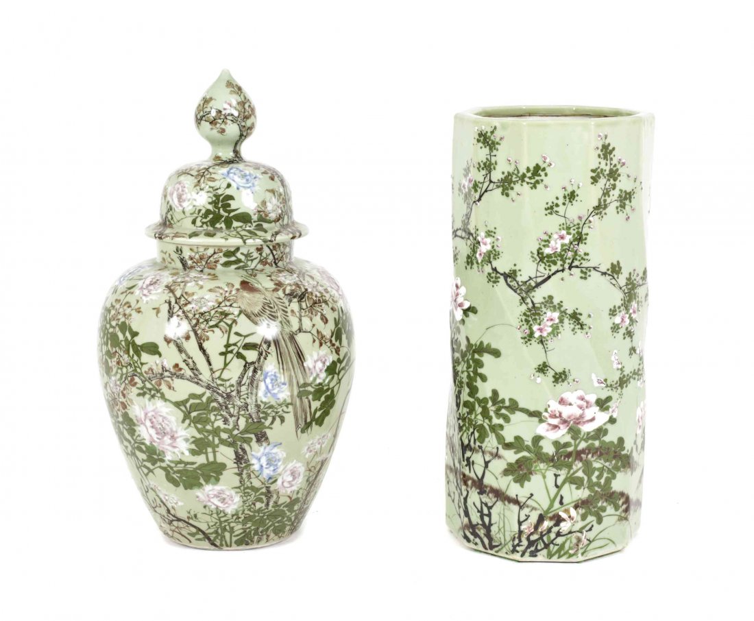 Two Chinese Porcelain Painted and Celadon Glazed: Two Chinese Porcelain Painted and Celadon Glazed Articles, 20th century, comprising an umbrella stand and an urn. Height of tallest 26 inches. Property of a Palm Beach Estate