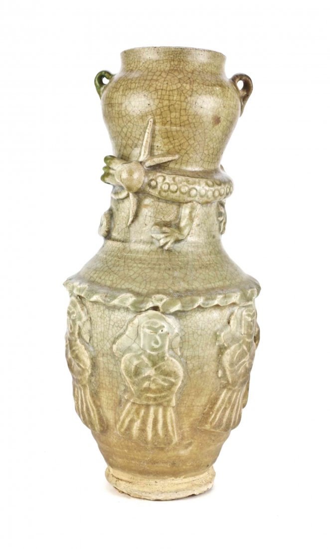 A Chinese Glazed Pottery Urn, Height 14 1/2 inches.: A Chinese Glazed Pottery Urn, of mottled celadon glaze with raised dragon and figural decoration. Height 14 1/2 inches. Property of a Palm Beach Estate