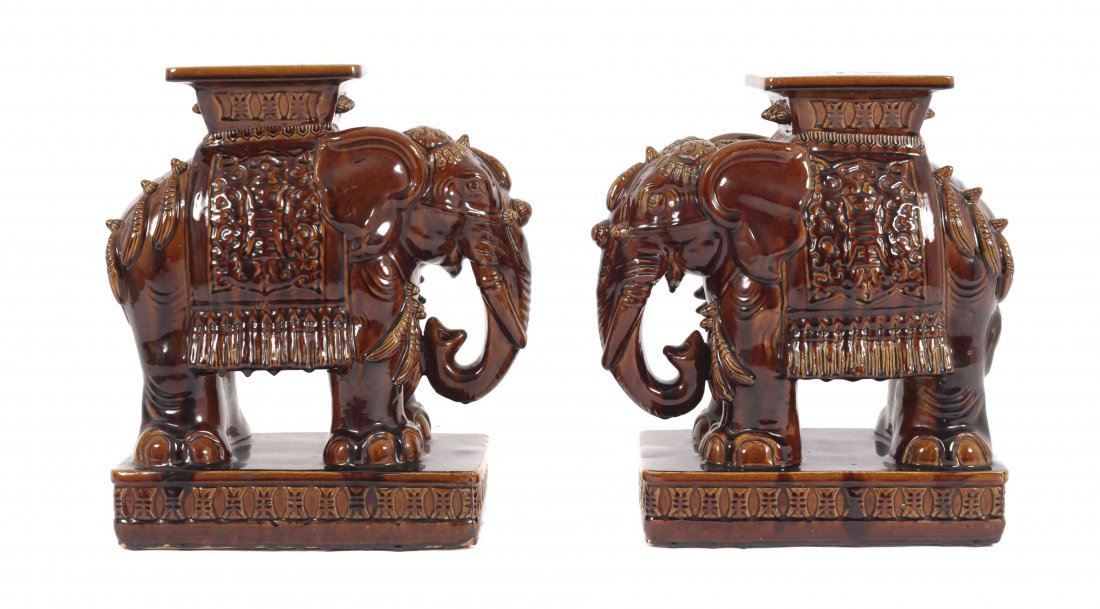 A Pair of Asian Export Glazed Ceramic Elephant-Form: A Pair of Asian Export Glazed Ceramic Elephant-Form Garden Seats. Height 22 1/2 inches.