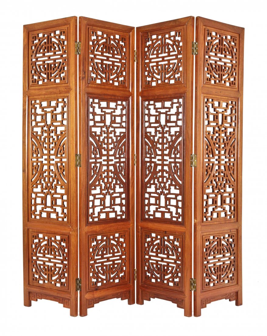 A Chinese Fretwork-Carved Wood Four-Panel Floor Screen.: A Chinese Fretwork-Carved Wood Four-Panel Floor Screen. Height 72 1/4, each panel width 18 inches. Property of a Palm Beach Estate