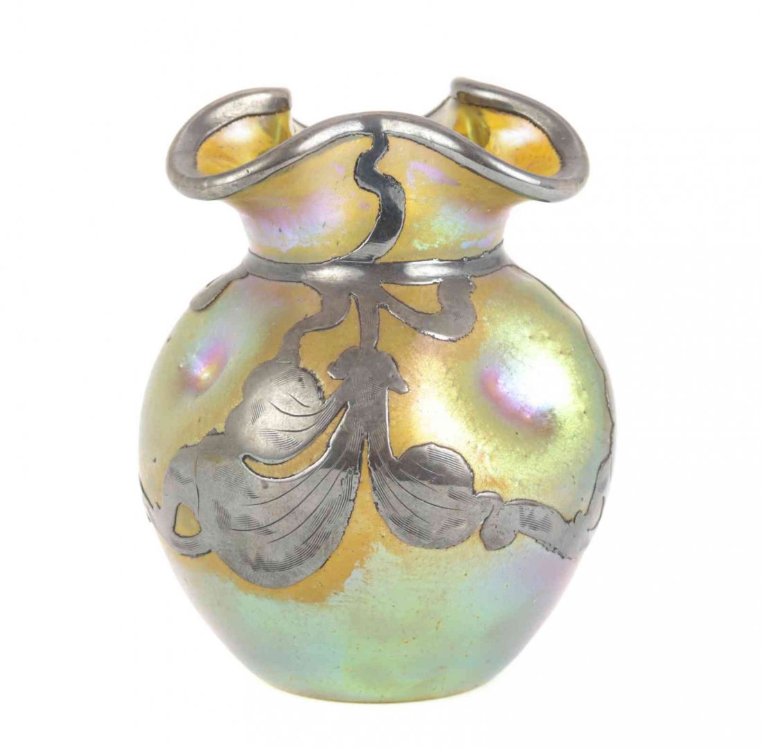A Loetz Glass and Silver Overlay Cabinet Vase, Height 3: A Loetz Glass and Silver Overlay Cabinet Vase, of ovoid form with a ruffled lip. Height 3 5/8 inches. Property from a Distinguished Private Collection, Chicago and Palm Beach