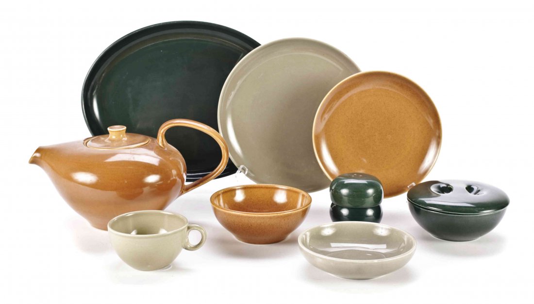A Collection of Russel Wright Iroquois Casual Ceramic: A Collection of Russel Wright Iroquois Casual Ceramic Table Articles, comprising bowls, plates, coffee cups, pitchers, teapots, platters and covered tureens, each with a light brown or a dark seafoam