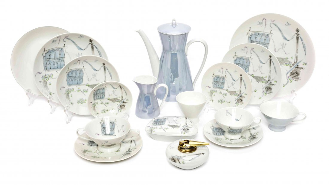 A Rosenthal Porcelain Dinner Service for Twenty-Four,: A Rosenthal Porcelain Dinner Service for Twenty-Four, in the Plaza pattern, after a design by Raymond Loewy, together with associated cups and saucers; 124 items total. Diameter of dinner plate 10 3/8
