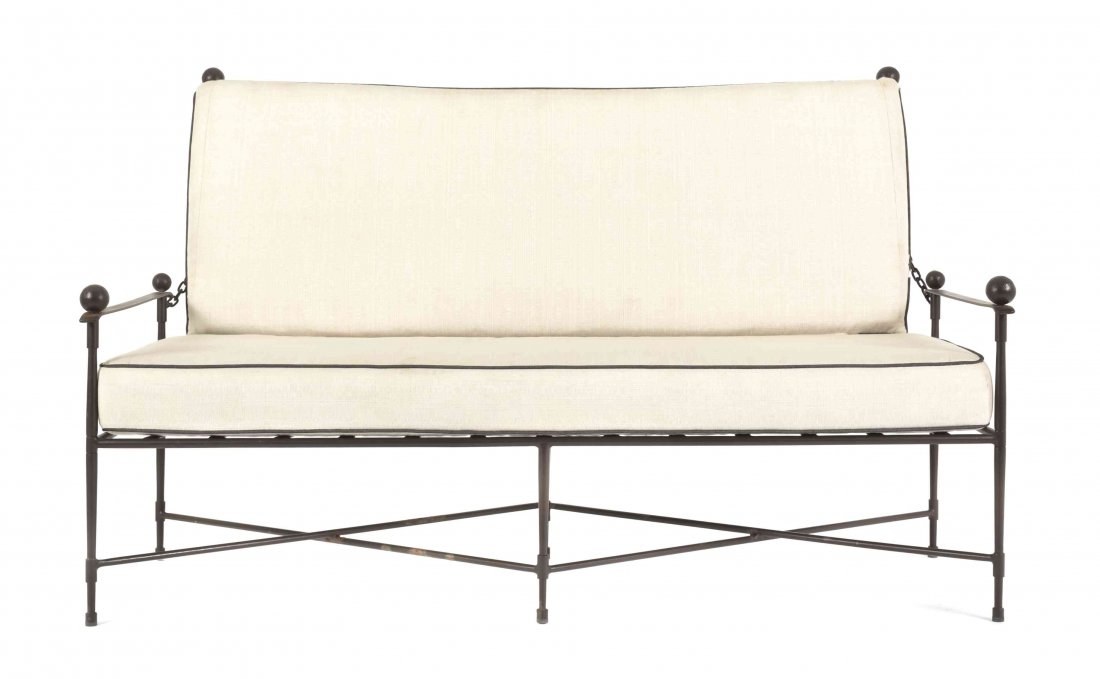 A Janus et Cie Iron Patio Suite, Height of lounger 25 x: A Janus et Cie Iron Patio Suite, Amalfi, comprising a settee, a three-piece duchesse brisee and four loungers. Height of lounger 25 x length 60 x width 32 inches. Property of a Palm Beach Estate