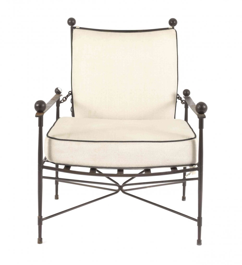 A Janus et Cie Iron Patio Suite, Height of lounger 25 x: A Janus et Cie Iron Patio Suite, Amalfi, comprising a settee, a three-piece duchesse brisee, and four loungers. Height of lounger 25 x length 60 x width 32 inches. Property of a Palm Beach Estate