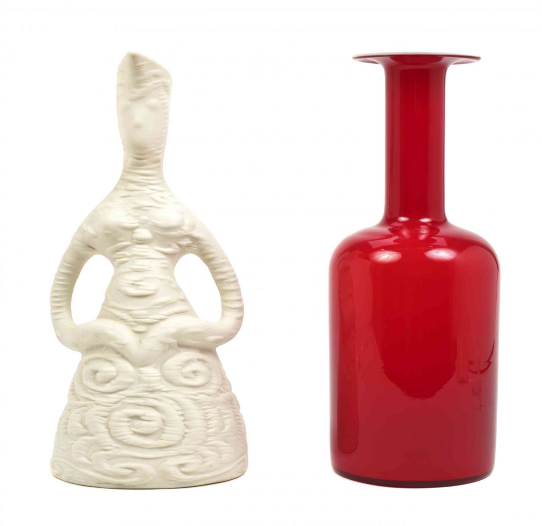 A Holmegaard Red and White Glass Vase, Height of taller: A Holmegaard Red and White Glass Vase, together with a white vase in the form of a maiden. Height of taller 11 3/4 inches. Property from a Distinguished Private Collection, Chicago and Palm Beach