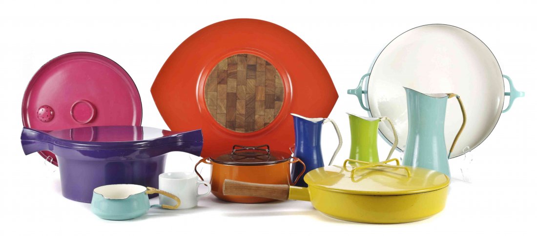 A Group of Dansk Enameled and Lacquered Table Articles,: A Group of Dansk Enameled and Lacquered Table Articles, including "Kobentsyle" coffeepots, pitchers and Jens Quistgaard salvers. Length of largest 22 1/2 inches. Property from a Distinguished Private