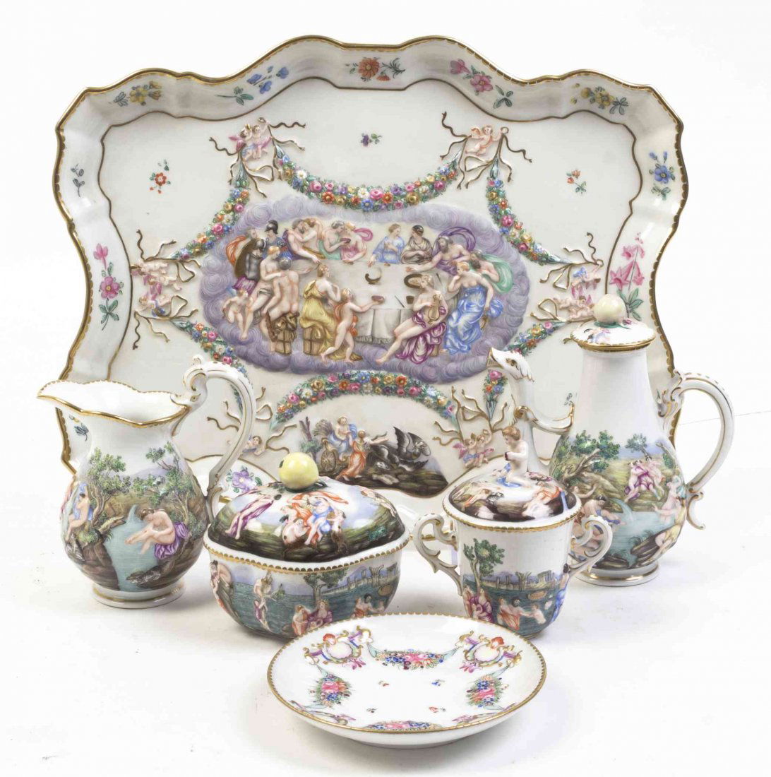 A Capodimonte Porcelain Breakfast Set, Width of tray 16: A Capodimonte Porcelain Breakfast Set, comprising a tray, a covered cup and saucer, a covered bowl, a coffee pot and a creamer; 6 items total. Width of tray 16 inches.