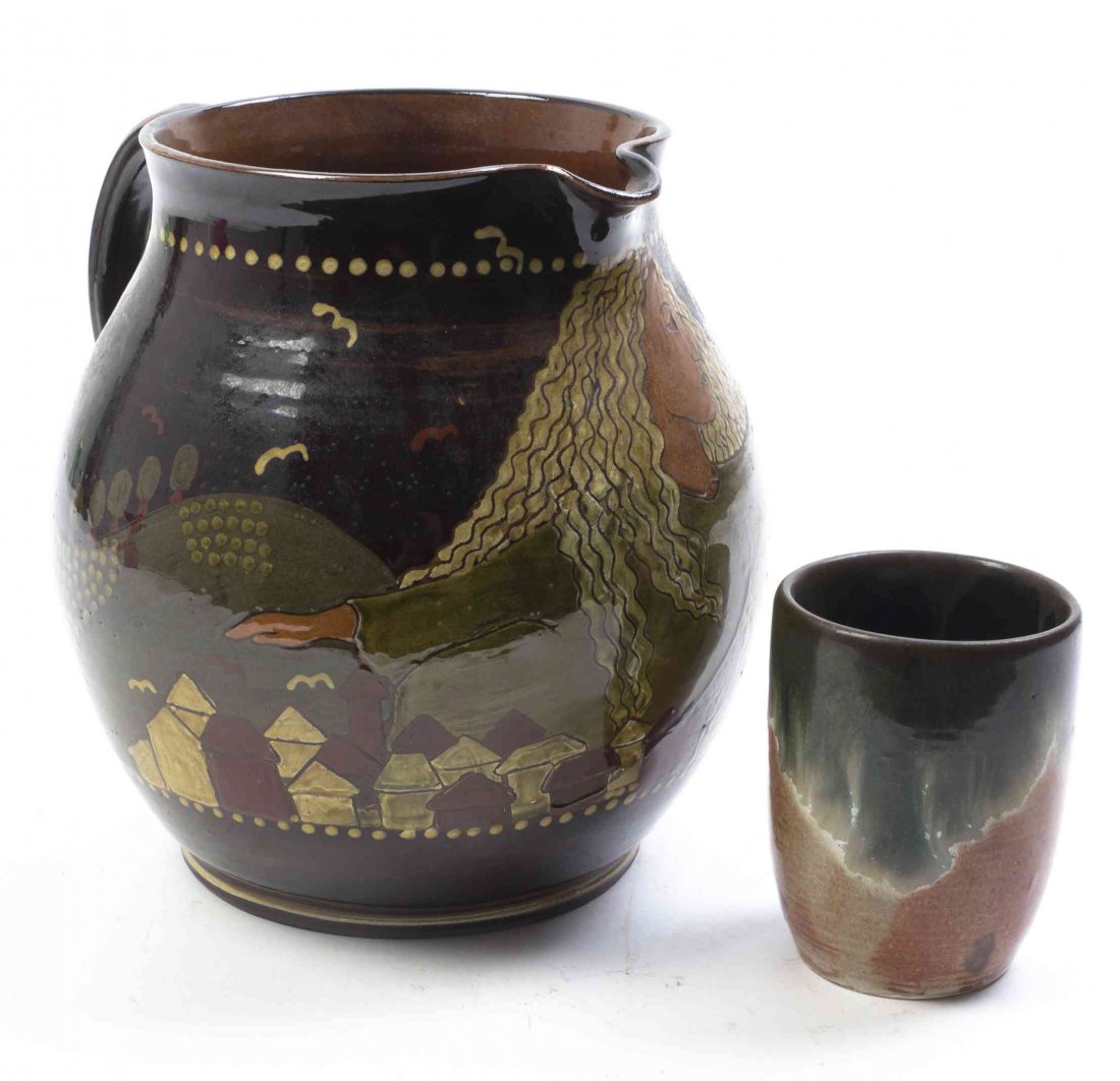 A Studio Ceramic Beaker, Eugene Deutch, Height of: A Studio Ceramic Beaker, Eugene Deutch, dated 1949, together with a pottery jug signed Unterseen. Height of taller 8 inches.