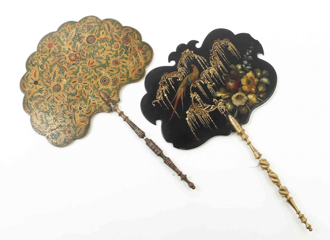 Two Victorian Papier Mache Fans, Length 16 inches.: Two Victorian Papier Mache Fans, one with scrollwork on green ground, the other black with hoho bird. Length 16 inches.