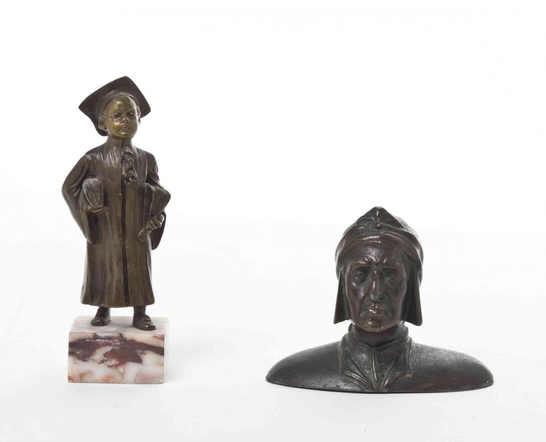 A Continental Bronze Figure, Height overall 5 1/4: A Continental Bronze Figure, depicting a boy in a mortarboard, together with a cast metal bust of Dante. Height overall 5 1/4 inches. Property from the Estate of Eleanor Stein Rusnak, Highland Park, I